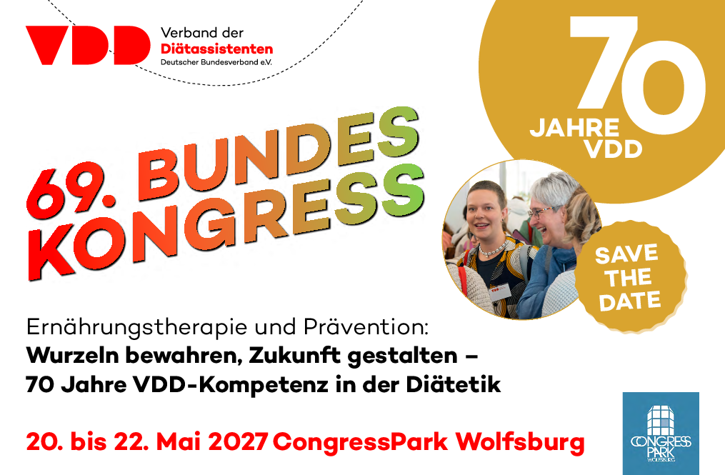 VDD-Kongress 2027 | 70 Jahre Kompetenz in der Diätetik Bild zeigt Grafik mit goldener 70 und Save the date Button
